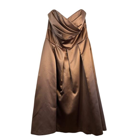 After Six Latte Strapless Satin Tea Length Cocktail Dress - Size 16 - Picture 3 of 13